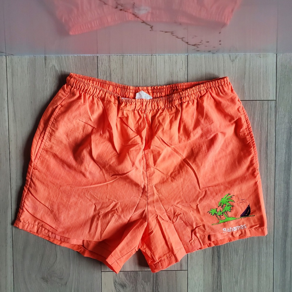 Bahamas Swim Shorts Mens Medium Neon Orange Nylon Vintage Beach Trunks